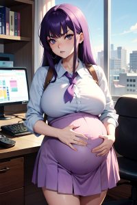 anime,pregnant,small tits,70s age,angry face,purple hair,bangs hair style,light skin,watercolor,office,front view,gaming,schoolgirl