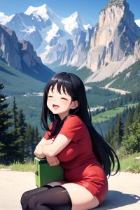 anime,chubby,small tits,30s age,laughing face,black hair,straight hair style,dark skin,film photo,mountains,side view,sleeping,stockings