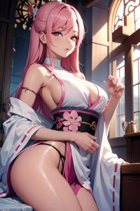 anime,busty,small tits,60s age,seductive face,pink hair,slicked hair style,dark skin,crisp anime,church,side view,sleeping,geisha