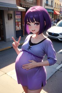 anime,pregnant,small tits,60s age,happy face,purple hair,bobcut hair style,light skin,3d,street,side view,gaming,bra