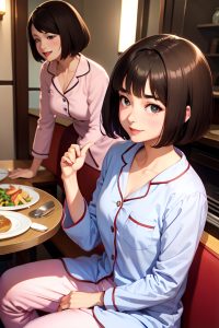 anime,skinny,small tits,50s age,happy face,brunette,bobcut hair style,light skin,warm anime,restaurant,side view,cumshot,pajamas
