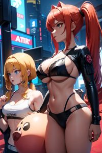 anime,skinny,huge boobs,20s age,angry face,ginger,pigtails hair style,dark skin,cyberpunk,strip club,side view,t-pose,bra