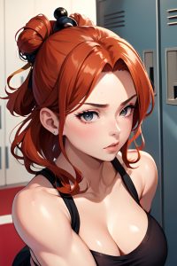 anime,muscular,small tits,30s age,pouting lips face,ginger,hair bun hair style,light skin,charcoal,locker room,front view,massage,geisha