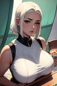 anime,chubby,huge boobs,50s age,serious face,white hair,slicked hair style,dark skin,painting,tent,close-up view,on back,teacher