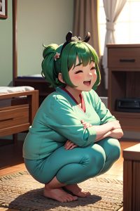 anime,chubby,small tits,60s age,laughing face,green hair,bangs hair style,dark skin,3d,bedroom,side view,squatting,geisha