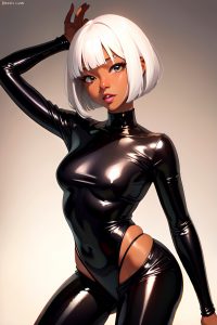 anime,skinny,small tits,60s age,ahegao face,white hair,bobcut hair style,dark skin,warm anime,stage,front view,straddling,latex