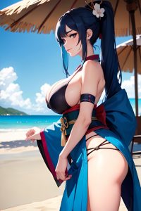 anime,skinny,huge boobs,70s age,happy face,blue hair,ponytail hair style,dark skin,film photo,beach,side view,eating,geisha