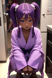 anime,busty,small tits,80s age,shocked face,purple hair,pigtails hair style,dark skin,3d,mall,front view,squatting,bathrobe