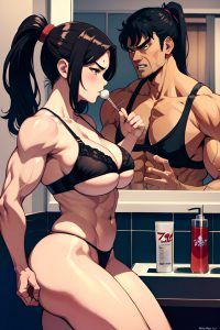 anime,muscular,huge boobs,70s age,angry face,black hair,ponytail hair style,light skin,illustration,bathroom,side view,eating,bra