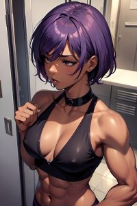 anime,muscular,small tits,60s age,seductive face,purple hair,pixie hair style,dark skin,charcoal,locker room,front view,sleeping,goth