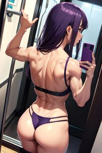 anime,muscular,small tits,70s age,seductive face,purple hair,bangs hair style,dark skin,mirror selfie,train,back view,jumping,teacher