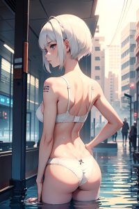 anime,skinny,small tits,20s age,sad face,white hair,bangs hair style,light skin,cyberpunk,hospital,back view,bathing,bra