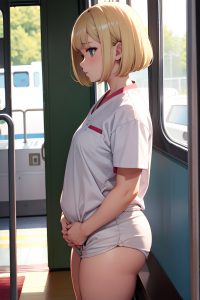 anime,chubby,small tits,18 age,serious face,blonde,bobcut hair style,light skin,soft + warm,bus,side view,working out,nurse