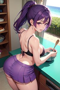 anime,busty,small tits,50s age,ahegao face,purple hair,ponytail hair style,light skin,vintage,beach,back view,cooking,mini skirt