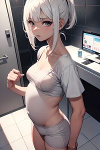 anime,pregnant,small tits,20s age,serious face,white hair,bangs hair style,dark skin,black and white,shower,close-up view,gaming,nurse