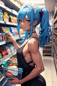 anime,muscular,small tits,18 age,ahegao face,blue hair,messy hair style,dark skin,charcoal,grocery,back view,gaming,maid