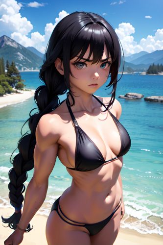 anime,muscular,small tits,80s age,serious face,black hair,braided hair style,light skin,3d,mountains,close-up view,plank,bikini