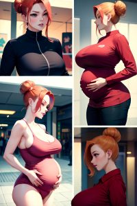 anime,pregnant,huge boobs,50s age,angry face,ginger,hair bun hair style,light skin,cyberpunk,mall,side view,massage,pajamas