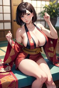 anime,muscular,huge boobs,50s age,pouting lips face,brunette,bobcut hair style,light skin,comic,stage,front view,plank,kimono