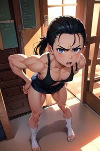 anime,muscular,small tits,18 age,angry face,black hair,slicked hair style,light skin,watercolor,desert,front view,bending over,schoolgirl