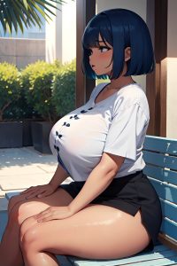 anime,chubby,huge boobs,30s age,angry face,blue hair,bobcut hair style,dark skin,black and white,oasis,side view,sleeping,mini skirt