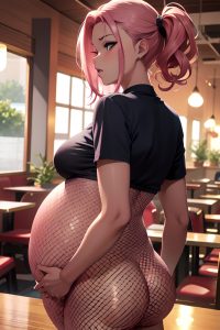 anime,pregnant,small tits,18 age,orgasm face,pink hair,slicked hair style,dark skin,vintage,restaurant,back view,plank,fishnet