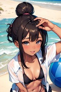 anime,busty,small tits,20s age,happy face,brunette,hair bun hair style,dark skin,comic,beach,close-up view,working out,schoolgirl