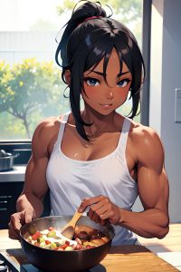 anime,muscular,small tits,20s age,happy face,black hair,ponytail hair style,dark skin,illustration,oasis,close-up view,cooking,pajamas