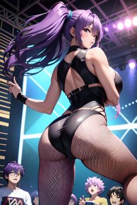 anime,busty,huge boobs,20s age,shocked face,purple hair,messy hair style,dark skin,film photo,stage,back view,jumping,fishnet