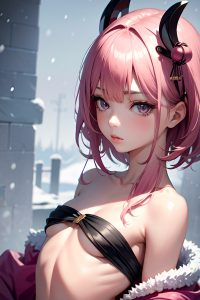 anime,skinny,small tits,30s age,pouting lips face,pink hair,bangs hair style,dark skin,skin detail (beta),snow,close-up view,straddling,geisha