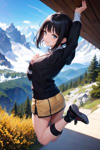 anime,skinny,small tits,30s age,happy face,black hair,bangs hair style,light skin,warm anime,mountains,back view,jumping,mini skirt