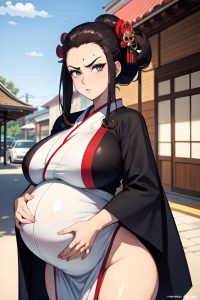 anime,pregnant,huge boobs,70s age,serious face,brunette,slicked hair style,light skin,charcoal,car,front view,t-pose,geisha