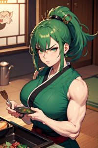 anime,muscular,huge boobs,50s age,angry face,green hair,ponytail hair style,dark skin,vintage,casino,front view,cooking,geisha