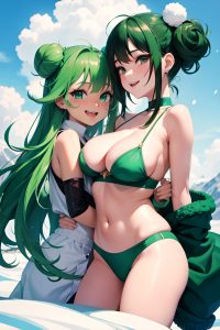 anime,busty,small tits,80s age,laughing face,green hair,hair bun hair style,dark skin,soft + warm,snow,front view,massage,fishnet