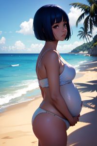 anime,pregnant,small tits,50s age,sad face,blue hair,bobcut hair style,dark skin,film photo,beach,back view,gaming,goth