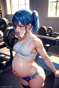 anime,pregnant,small tits,80s age,angry face,blue hair,pixie hair style,light skin,skin detail (beta),snow,back view,working out,stockings