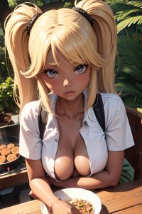 anime,busty,small tits,60s age,sad face,blonde,messy hair style,dark skin,3d,jungle,front view,cooking,schoolgirl