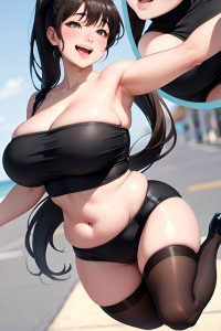 anime,chubby,huge boobs,50s age,laughing face,brunette,ponytail hair style,dark skin,charcoal,street,close-up view,jumping,stockings