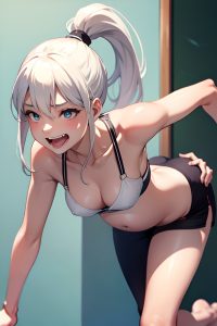 anime,pregnant,small tits,30s age,laughing face,white hair,ponytail hair style,dark skin,skin detail (beta),bar,close-up view,bending over,bra