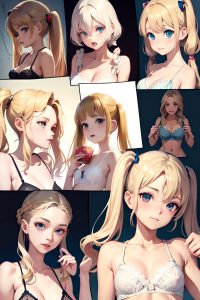 anime,skinny,small tits,50s age,shocked face,blonde,pigtails hair style,light skin,skin detail (beta),church,side view,eating,lingerie