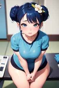 anime,chubby,small tits,50s age,orgasm face,blue hair,hair bun hair style,dark skin,soft + warm,gym,close-up view,working out,geisha