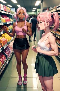 anime,muscular,small tits,80s age,shocked face,pink hair,pigtails hair style,dark skin,vintage,grocery,front view,bathing,mini skirt