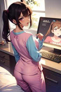 anime,busty,small tits,60s age,angry face,brunette,pigtails hair style,dark skin,soft anime,moon,back view,gaming,pajamas