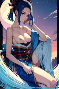 anime,skinny,small tits,60s age,serious face,blue hair,slicked hair style,dark skin,soft + warm,moon,side view,spreading legs,geisha