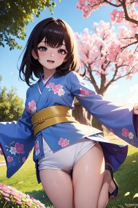 anime,busty,small tits,18 age,ahegao face,brunette,bangs hair style,light skin,3d,meadow,back view,jumping,kimono