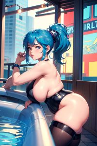 anime,chubby,small tits,70s age,pouting lips face,blue hair,ponytail hair style,light skin,cyberpunk,hot tub,side view,yoga,stockings