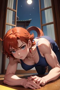 anime,muscular,small tits,50s age,serious face,ginger,pixie hair style,dark skin,warm anime,moon,close-up view,bending over,teacher