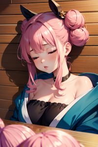 anime,chubby,small tits,18 age,pouting lips face,pink hair,hair bun hair style,light skin,dark fantasy,prison,close-up view,sleeping,geisha