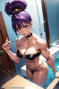anime,muscular,huge boobs,80s age,serious face,purple hair,pixie hair style,light skin,painting,bathroom,close-up view,t-pose,geisha