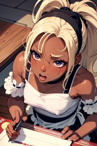 anime,muscular,small tits,80s age,ahegao face,brunette,ponytail hair style,dark skin,skin detail (beta),party,close-up view,gaming,maid